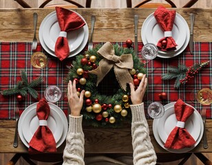 Overhead view of hands decorating a rustic wooden table with a christmas wreath for holiday dinner