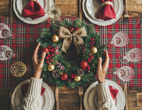 Person arranging festive Christmas wreath on a cozy holiday dinner table - Powered by Adobe