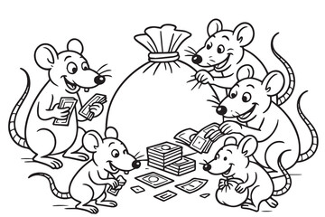 Monochrome vector design depicting a swarm of rats hoarding money, symbolizing corruption and greed in society through dark satire and minimalist artistic expression.