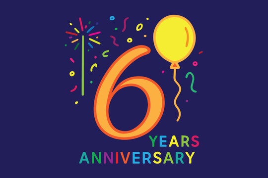 Colorful vector design celebrating a 6th anniversary, featuring balloons, fireworks, and festive decorations that symbolize joy, achievement, and cheerful celebration.