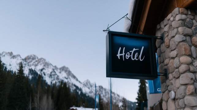 A hotel sign at a winter ski resort. Rustic mountain lodge with a snowy landscape background and copy space for text.