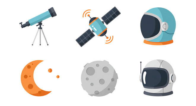 Discover the cosmos with this astronomy themed collection featuring telescopes, astronaut helmets, moons, and satellites for educational design projects