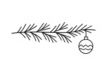 Pine branch with a hanging christmas ornament, line art drawing, festive holiday season decoration