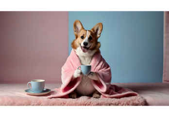 Cute Welsh corgi Adorable corgi wearing soft pink robe enjoying hot latte indoors
Relaxed corgi sitting with coffee in warm morning light
Funny corgi wrapped in fluffy pink robe having coffee 
