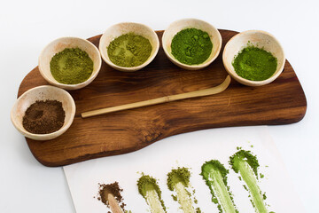 Matcha Ceremony Setup. Ceramic bowls with matcha powder and tools for a traditional tea ceremony