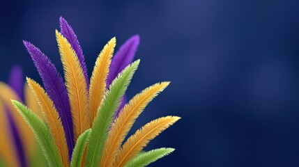 Colorful feather decorations in vibrant hues of purple, green, and yellow, creating a festive atmosphere for mardi gras celebration 