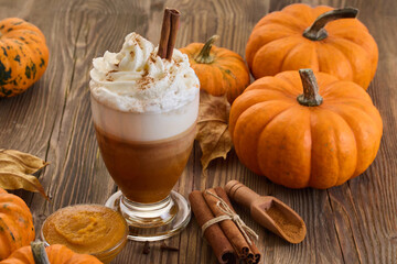 Autumn Pumpkin Spice Latte. A cozy autumn drink with whipped cream, cinnamon