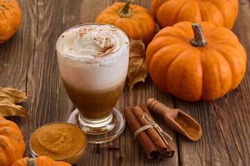 Autumn Pumpkin Spice Latte. A cozy autumn drink with whipped cream, cinnamon