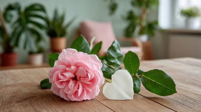 Romantic Valentine's Day banner featuring a delicate pink rose and a white heart on a rustic wooden table, creating a warm and inviting atmosphere for love and affection - Powered by Adobe