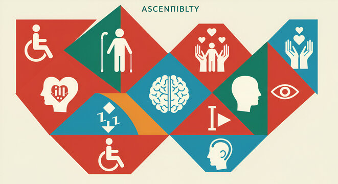 Empowering inclusion and accessibility for all abilities with caring support and human understanding in a modern graphic, ideal for awareness campaigns