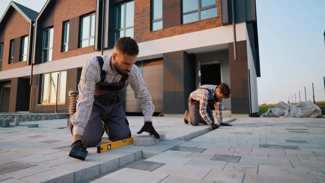 Professional construction workers installing paving stones