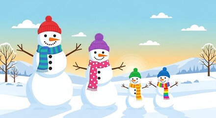 Snowman family in winter landscape