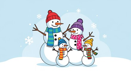 Snowman Family Together in Winter Scene