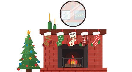 Christmas tree and fireplace with stockings