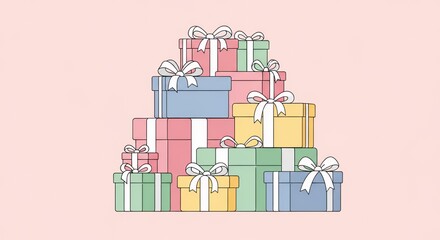 Pile of Gift Boxes with Ribbons on Pink Background