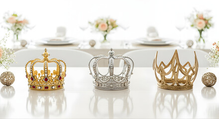 Three decorative crowns arranged on a table for Three Kings Day