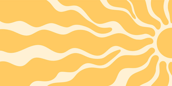 Retro groovy sun burst background with orange and yellow wave. Sunshine and y2k ray form a bold, abstract sun, ideal for graphic projects in trendy horizontal format, summer wallpaper or print use.
