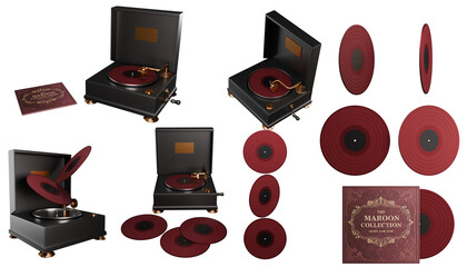 Antique portable phonograph with open lid and vinyl record on turntable on a transparent background. 3d render