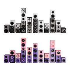 Audio equalizer bars or sound spectrum visualizer from a combination of multiple speakers on transparent background. 3d render