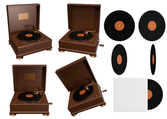 Antique portable phonograph with open lid and vinyl record on turntable, wood casing on a transparent background. Angled view, front view, and floating view. 3d render