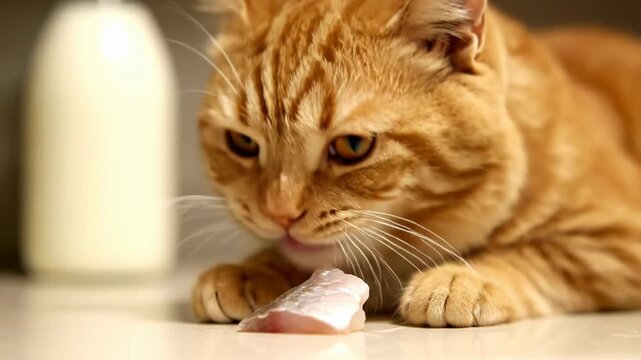 A focused ginger cat preparing to eat a slice of fish
