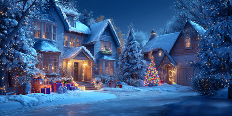 Obraz premium Escena navideña hogareña con luces y nieve, evocando calidez, unión familiar y magia invernal festiva.Casa cubierta de nieve con luces navideñas, árbol iluminado, regalos y cielo estrellado nocturno.