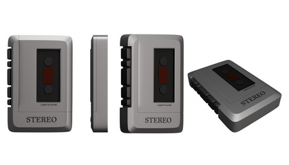 Classic silver vintage portable cassette player on transparent background. front view, side view, angled view. 3d render