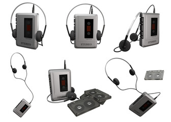 Classic silver vintage portable cassette player and headphones from the 80s on a transparent background. Analog Music.3D render