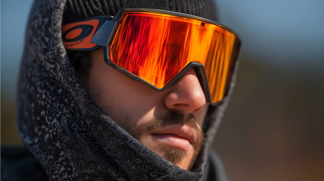 Model in ski-mask and Oakley silver shades with motion blurred orange reflection