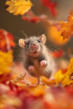 A rat playing in colorful autumn leaves, creating a cozy and playful mood with vibrant colors and warm fall atmosphere