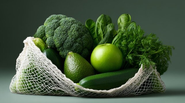 Fresh green vegetables in a net bag. This image showcases a variety of healthy greens. Perfect for food displays, cooking blogs, and wellness themes. Vibrant and natural. AI