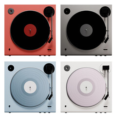 Modern turntable with red, black, blue, and white colors on the front view. 3d render