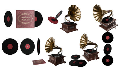 Antique gramophone with large brass horn and wooden base on transparent background. Playing a vinyl record. Classic turntable with golden trumpet. 3d redering
