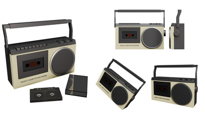 Retro yellow portable cassette player and radio showing different angles. Cassette tape, headphone. 3D render