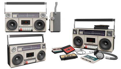 Retro portable radio cassette recorder with  fm am tuner, featuring twin speakers and cassette deck on transparent background. Showing different angles. 3d render