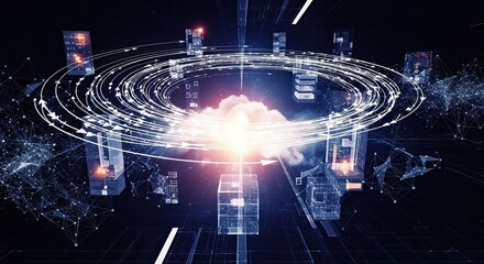Dynamic cloud computing architecture visualization, seamless data transfer and network connectivity with glowing nodes and orbiting arrows for modern business solutions