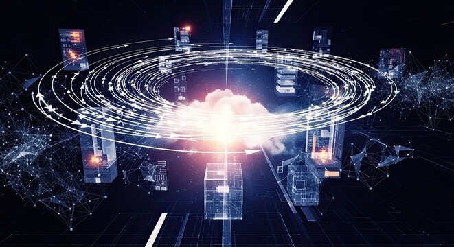 Dynamic cloud computing architecture visualization, seamless data transfer and network connectivity with glowing nodes and orbiting arrows for modern business solutions