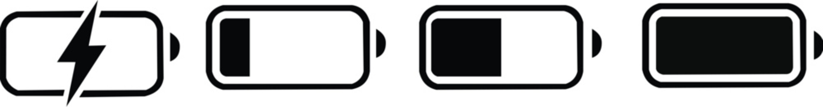 Battery GSM icon set. Isolated black smartphone battery level indicator icons on white background. Concept power, energy, low , full, emplty, load. UI elements symbols. Vector design.