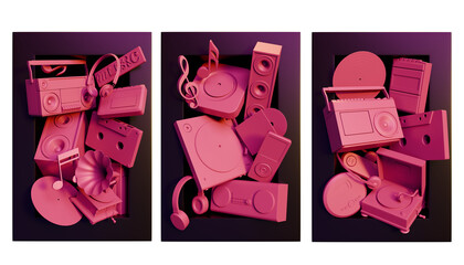 Three purple box overflowing with pink 3d  icons representing music icons with objects like headphones, vinyl, gramophone, and cassette tape on transparent background
