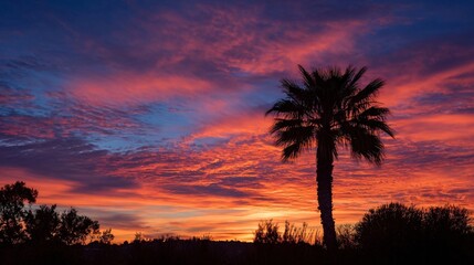 Obraz premium Sunset silhouette: A dramatic and captivating landscape, as the last light of day casts a vibrant glow across the sky, with a solitary palm tree.
