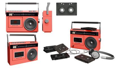 Vibrant red retro portable cassette player and radio showing different angles. Boombox, cassette tape, headphone. 3D render