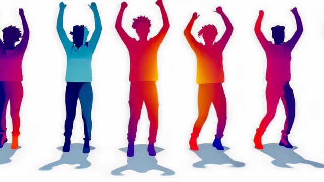 Energetic Silhouette: A vibrant collection of individuals silhouetted against a gradient background, expressing a sense of joy and vitality through exuberant movement. 