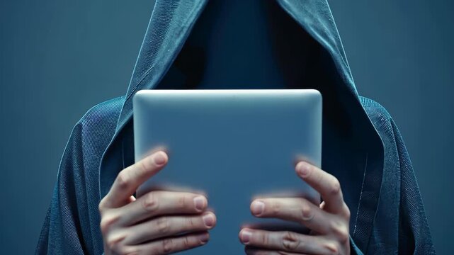 Unveiling the Digital Shadow: A cloaked figure, shrouded in anonymity, holds a tablet, symbolizing the enigmatic realm of technology and hidden digital actions.