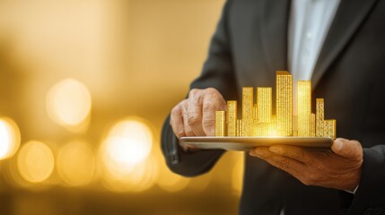 Digital Model of Futuristic Cityscape Presented on a Tablet by a Business Professional in a Modern Setting