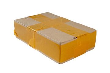 Cardboard shipping box with yellow tape isolated transparent png