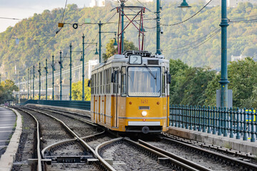 Hungary. Budapest. Public transport - tram on rails.