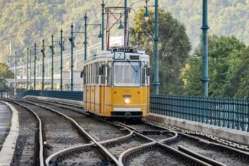 Hungary. Budapest. Public transport - tram on rails.