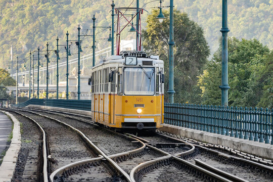 Hungary. Budapest. Public transport - tram on rails.