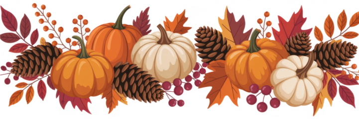 Festive autumn border with pumpkins pine cones and fall leaves perfect for Thanksgiving and seasonal designs