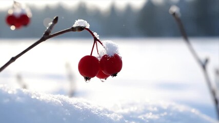Vibrant red winter berries on a snowy branch with melting ice drops reflecting sunlight in a beautiful cold nature scene on a bright frosty day - Powered by Adobe